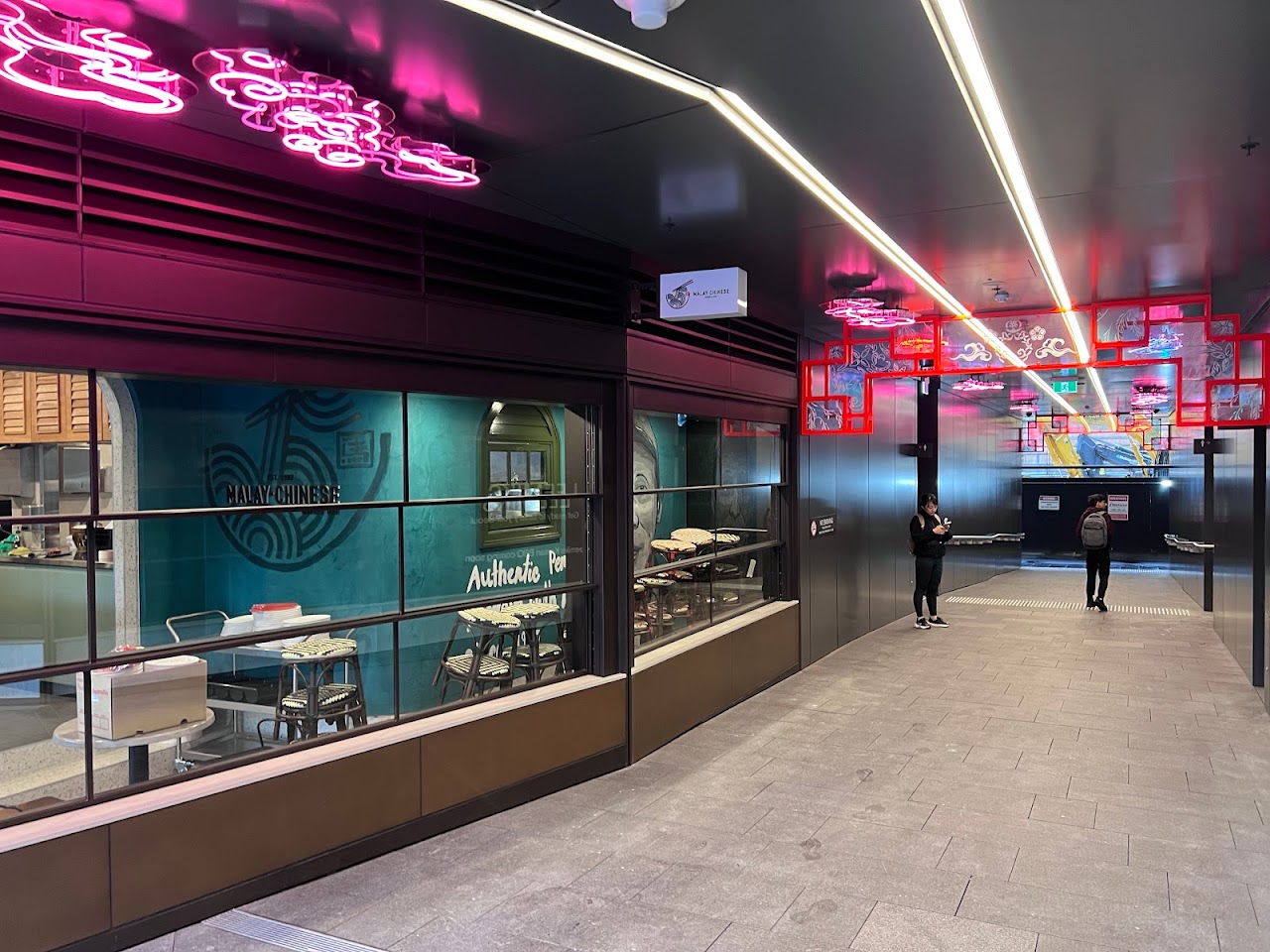 Sydney Place laneway with Malay Chinese storefront and neon lights